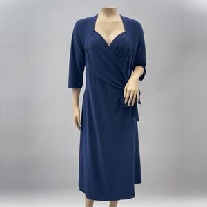 Kiyonna Dress Women 2X Navy Blue True Wrap Midi Jersey Stretch Elbow Sleeve